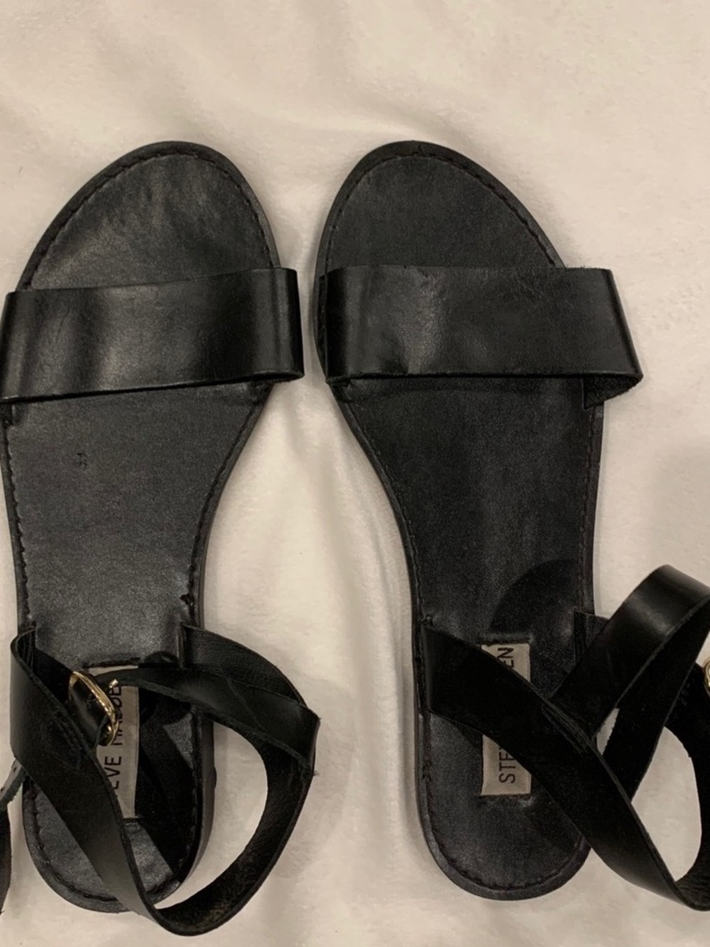 Steve Madden Black Leather Flat Ankle-Strap Sandals